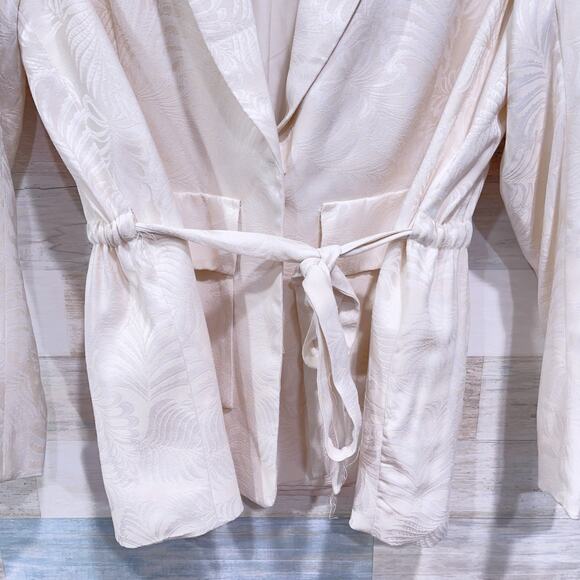 H&M Floral Jacquard Tie Waist Blazer Cream Lined Pockets One Button Womens US 12 - Picture 3 of 8